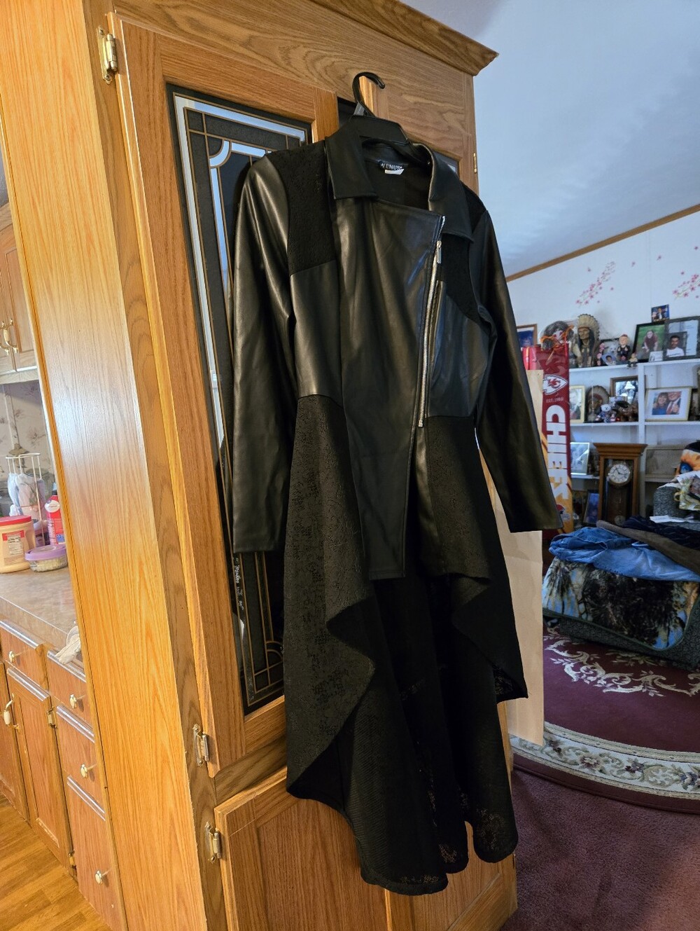 Women's Black Asymmetrical Faux Leather Trench Jacketwirh High Low Lace